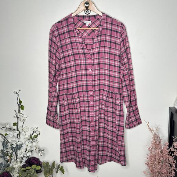 GARNET HILL Crinkle Textured Gauze Shirt Dress Pink Plaid Sz 12 $138 {F22} - Picture 2 of 5